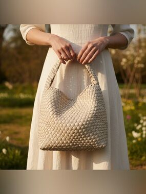 Neutral Woven Hobo Bag with Braided Handle